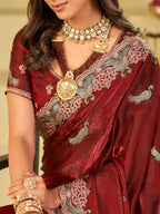 Wine Red Designer Fendy Satin Saree with Peacock Embroidery & Heavy Floral Embroidered Border | Premium Wedding Festive Wear Saree