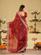 Wine Red Designer Fendy Satin Saree with Peacock Embroidery & Heavy Floral Embroidered Border | Premium Wedding Festive Wear Saree