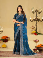 Royal Blue Fendy Satin Saree with White Floral Embroidery Border | Designer Party Wear Saree with Embroidered Blouse