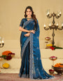 Royal Blue Fendy Satin Saree with White Floral Embroidery Border | Designer Party Wear Saree with Embroidered Blouse