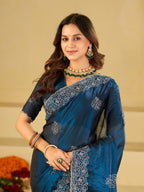 Royal Blue Fendy Satin Saree with White Floral Embroidery Border | Designer Party Wear Saree with Embroidered Blouse