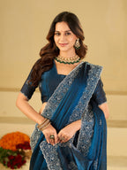 Royal Blue Fendy Satin Saree with White Floral Embroidery Border | Designer Party Wear Saree with Embroidered Blouse