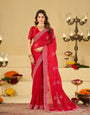 Bright Red Fendy Satin Saree with White Floral Embroidery Border | Designer Festive Party Wear Saree with Blouse