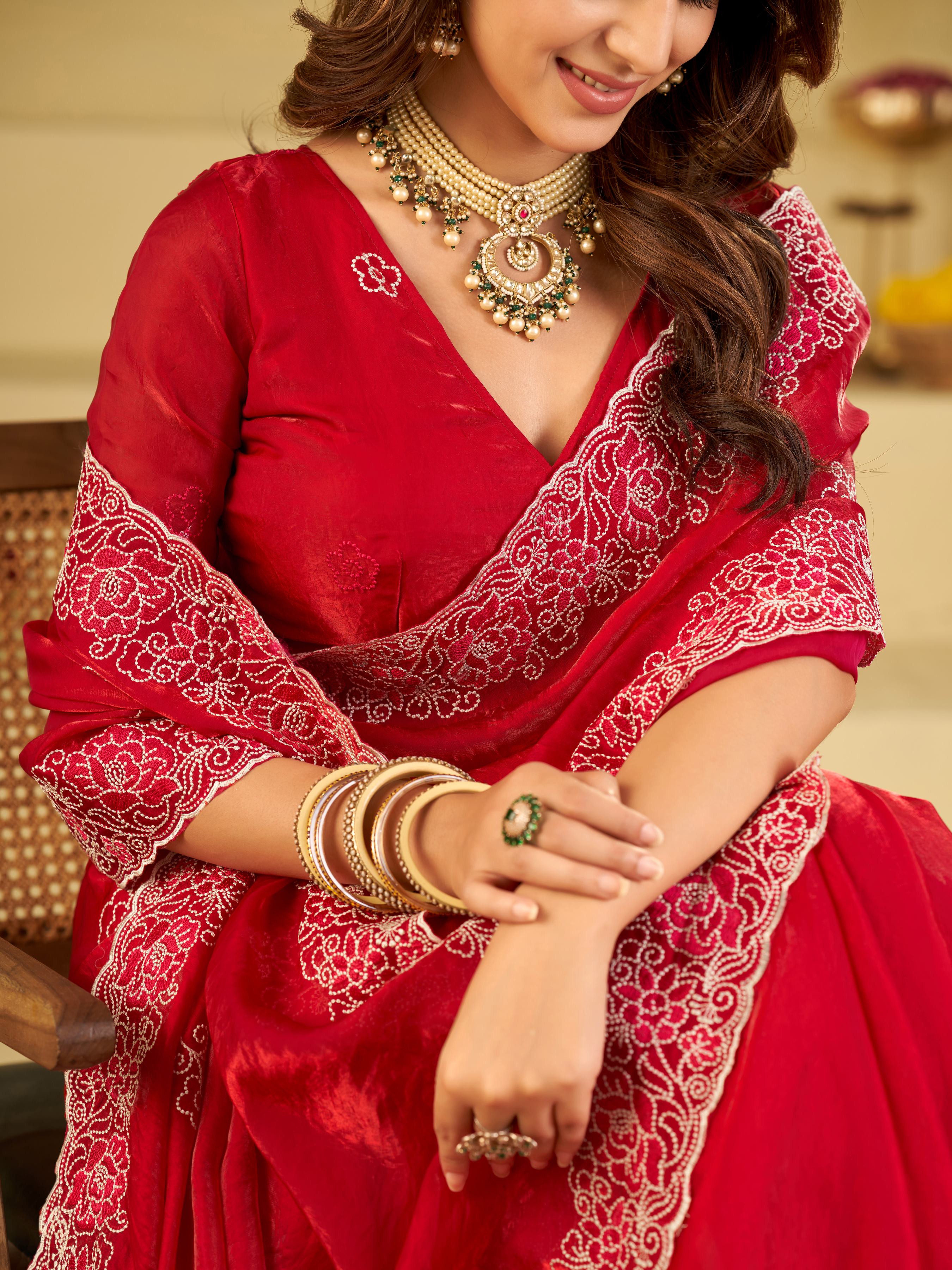 Bright Red Fendy Satin Saree with White Floral Embroidery Border | Designer Festive Party Wear Saree with Blouse