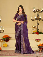 Royal Purple Fendy Satin Saree with White Floral Embroidery Border | Elegant Designer Party Wear Saree with Blouse