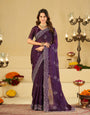 Royal Purple Fendy Satin Saree with White Floral Embroidery Border | Elegant Designer Party Wear Saree with Blouse