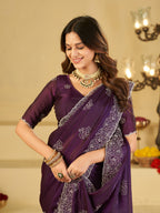 Royal Purple Fendy Satin Saree with White Floral Embroidery Border | Elegant Designer Party Wear Saree with Blouse