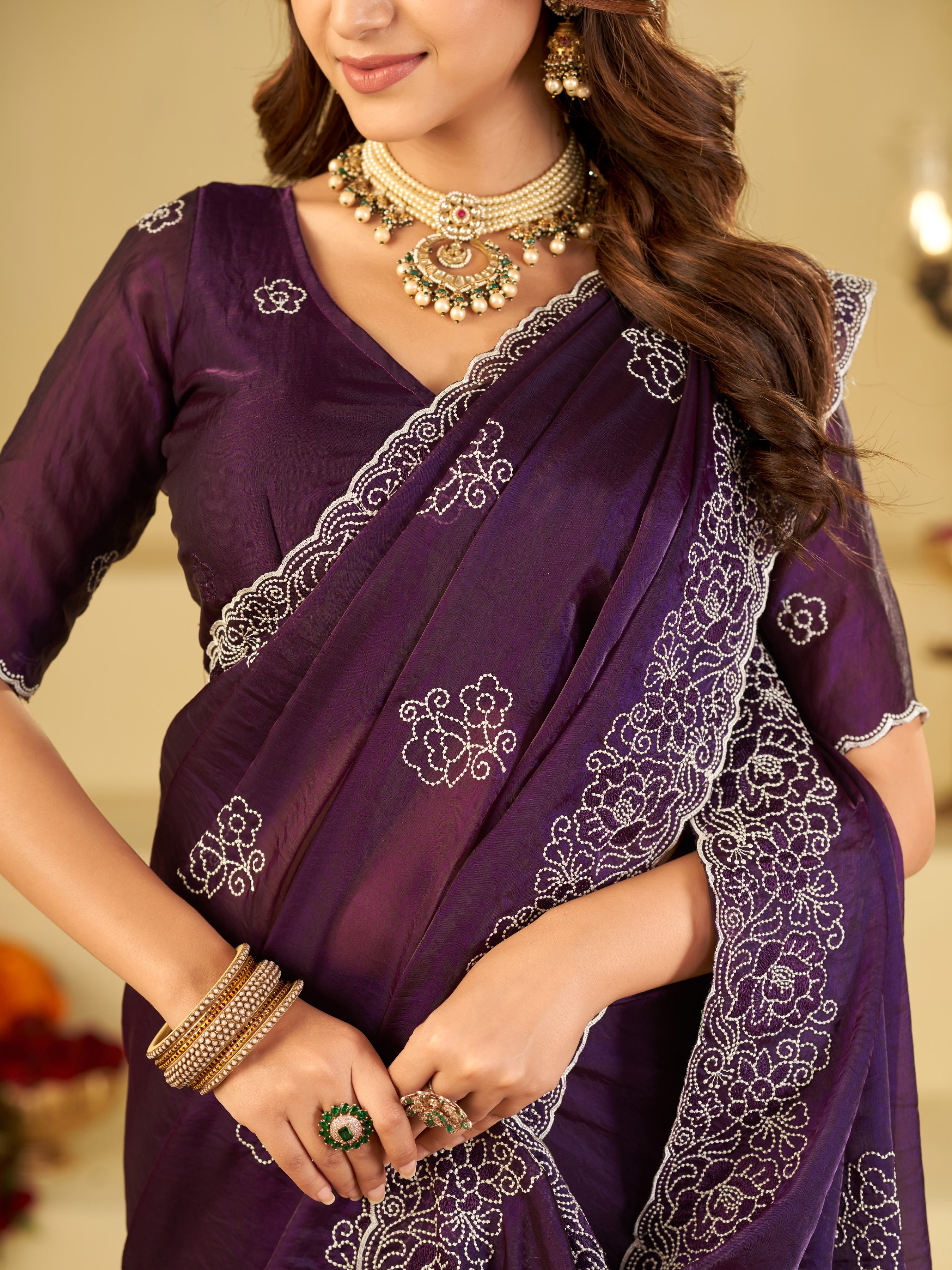 Royal Purple Fendy Satin Saree with White Floral Embroidery Border | Elegant Designer Party Wear Saree with Blouse