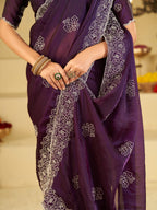 Royal Purple Fendy Satin Saree with White Floral Embroidery Border | Elegant Designer Party Wear Saree with Blouse