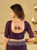 Royal Purple Fendy Satin Saree with White Floral Embroidery Border | Elegant Designer Party Wear Saree with Blouse