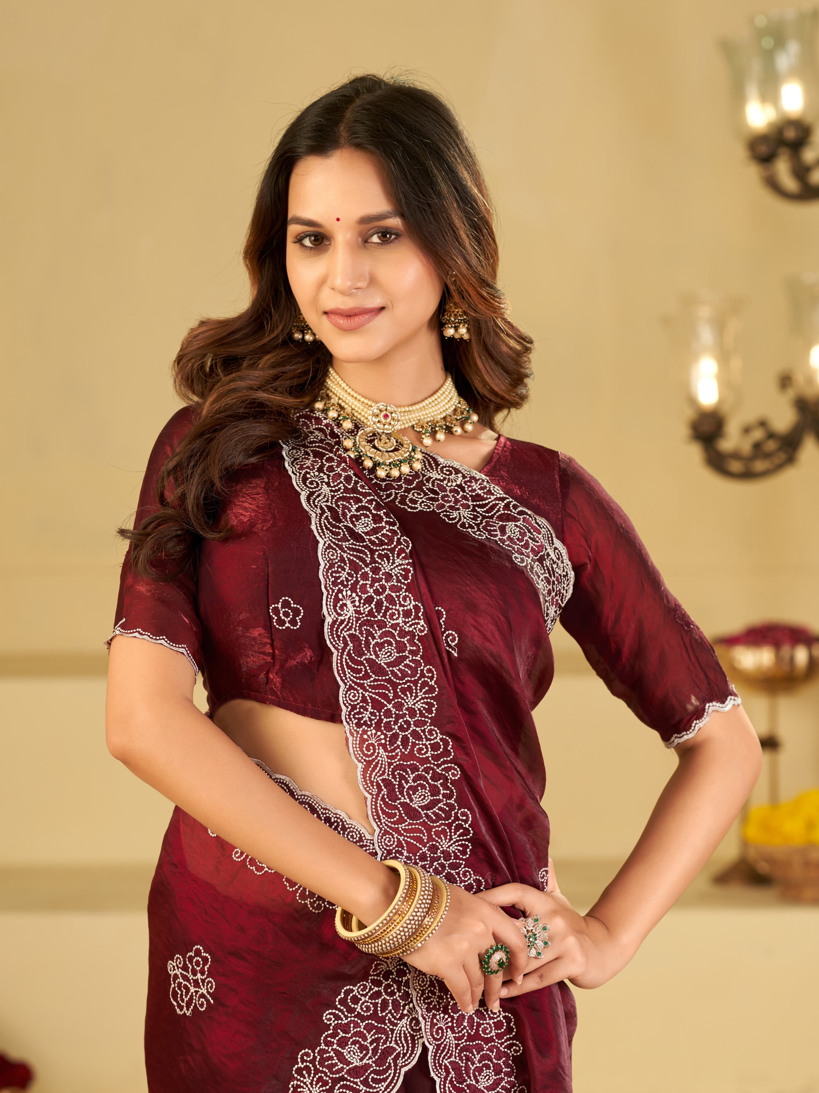 Wine Red Fendy Satin Saree with White Floral Embroidery Border | Designer Festive Wear Saree with Embroidered Blouse
