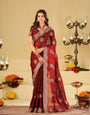 Wine Red Designer Fendy Satin Saree with Heavy Floral Embroidery Work | Premium Wedding & Festive Wear Embroidered Saree with Blouse