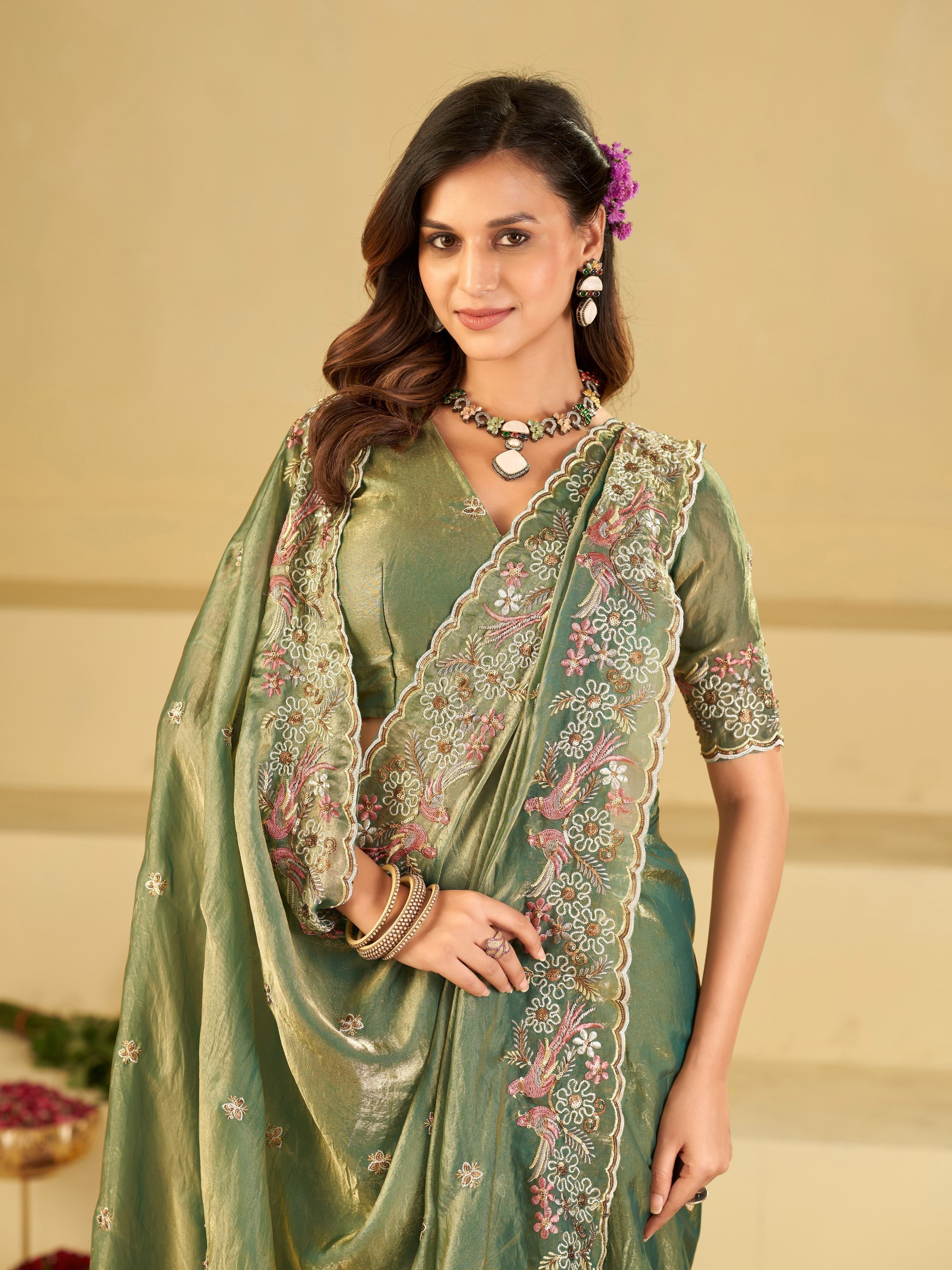 Sage Green Fendy Satin Saree with Floral Embroidery Border | Designer Party Wear Embroidered Saree with Blouse