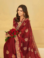 Wine Red Designer Fendy Satin Saree with Heavy Floral Embroidery Work | Premium Wedding & Festive Wear Embroidered Saree with Blouse