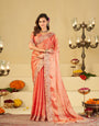 Peach Pink Fendy Satin Saree with Floral Embroidery Border | Designer Embroidered Party Wear Saree with Blouse