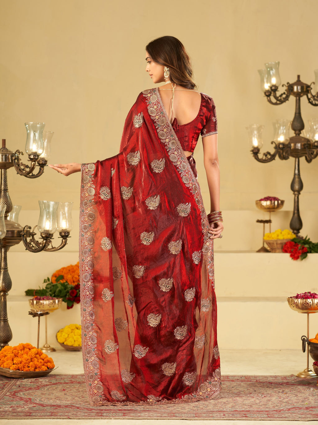 Wine Red Designer Fendy Satin Saree with Heavy Floral Embroidery Work | Premium Wedding & Festive Wear Embroidered Saree with Blouse