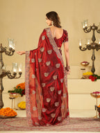 Wine Red Designer Fendy Satin Saree with Heavy Floral Embroidery Work | Premium Wedding & Festive Wear Embroidered Saree with Blouse