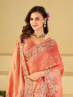 Peach Pink Fendy Satin Saree with Floral Embroidery Border | Designer Embroidered Party Wear Saree with Blouse