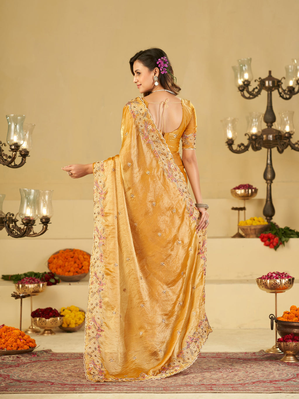 Mustard Yellow Fendy Satin Saree with Floral Embroidery Border | Designer Embroidered Party Wear Saree with Blouse