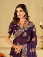 Royal Purple Designer Fendy Satin Saree with Heavy Floral Embroidery Work | Premium Wedding & Party Wear Embroidered Saree with Blouse