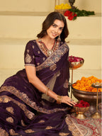 Royal Purple Designer Fendy Satin Saree with Heavy Floral Embroidery Work | Premium Wedding & Party Wear Embroidered Saree with Blouse