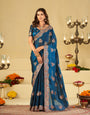 Royal Blue Designer Fendy Satin Saree with Heavy Floral Embroidery Work | Premium Party Wear Wedding Saree with Embroidered Border & Blouse