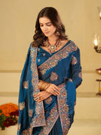 Royal Blue Designer Fendy Satin Saree with Heavy Floral Embroidery Work | Premium Party Wear Wedding Saree with Embroidered Border & Blouse