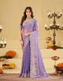 Lavender Fendy Satin Saree with White Floral Embroidery Border | Elegant Designer Party Wear Saree with Blouse