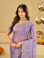 Lavender Fendy Satin Saree with White Floral Embroidery Border | Elegant Designer Party Wear Saree with Blouse