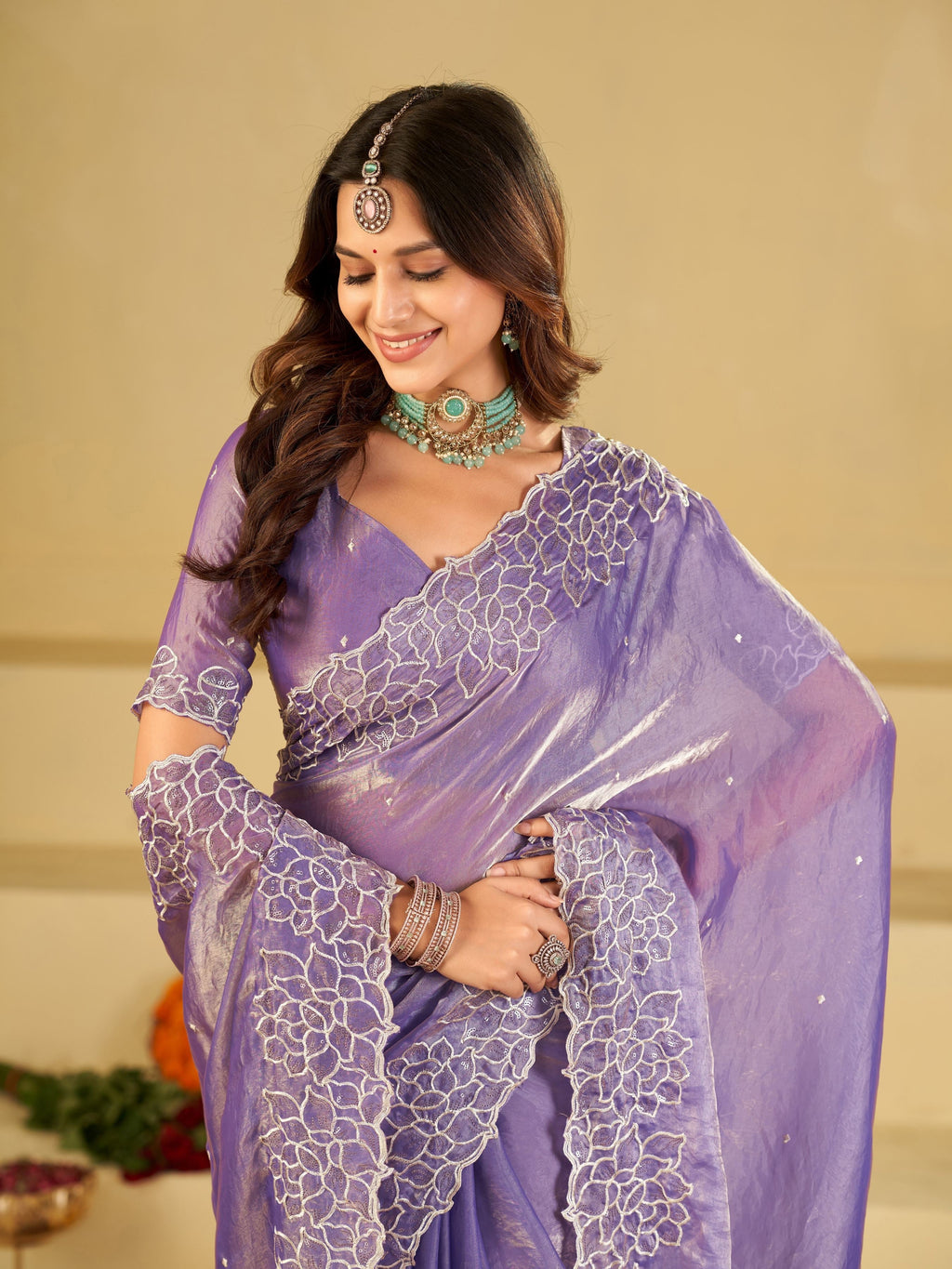 Lavender Fendy Satin Saree with White Floral Embroidery Border | Elegant Designer Party Wear Saree with Blouse