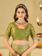 Pista Green Fendy Satin Saree with White Floral Embroidery Border | Elegant Designer Festive Wear Saree with Blouse