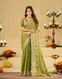 Pista Green Fendy Satin Saree with White Floral Embroidery Border | Elegant Designer Festive Wear Saree with Blouse
