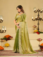Pista Green Fendy Satin Saree with White Floral Embroidery Border | Elegant Designer Festive Wear Saree with Blouse