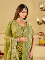 Pista Green Fendy Satin Saree with White Floral Embroidery Border | Elegant Designer Festive Wear Saree with Blouse