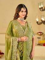 Pista Green Fendy Satin Saree with White Floral Embroidery Border | Elegant Designer Festive Wear Saree with Blouse