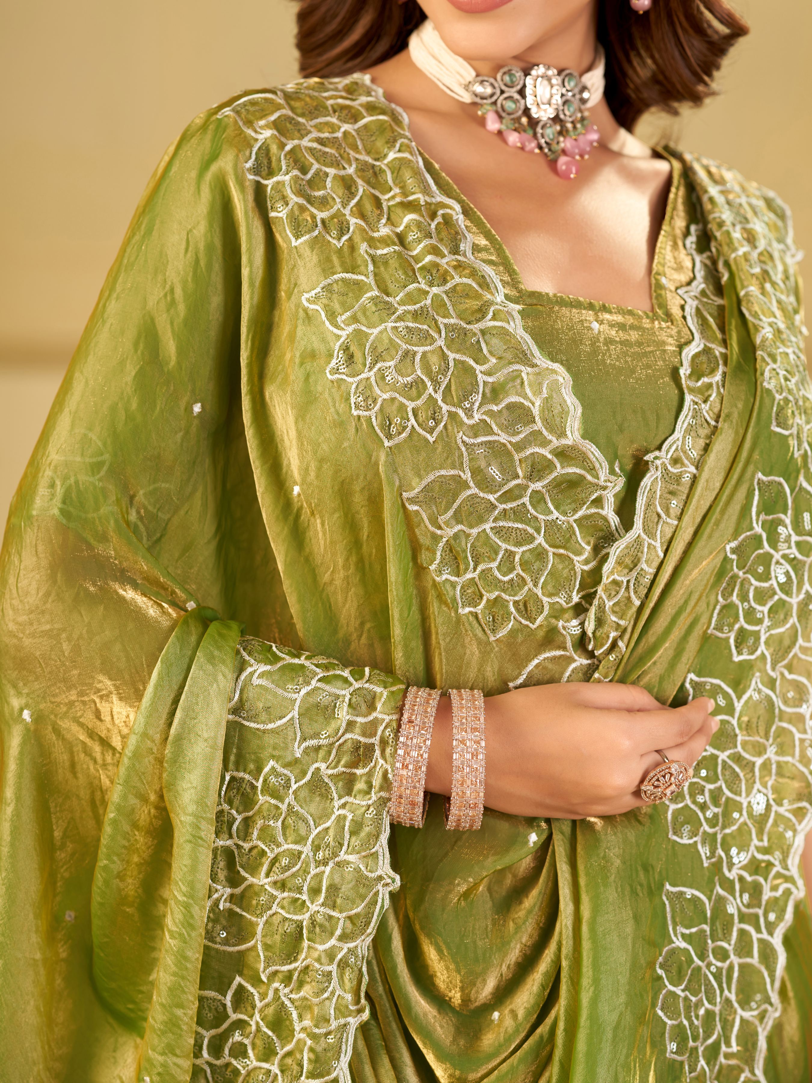Pista Green Fendy Satin Saree with White Floral Embroidery Border | Elegant Designer Festive Wear Saree with Blouse