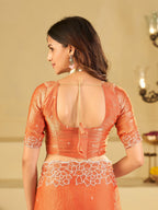 Peach Orange Fendy Satin Saree with White Floral Embroidery Border | Elegant Designer Festive Wear Saree with Blouse