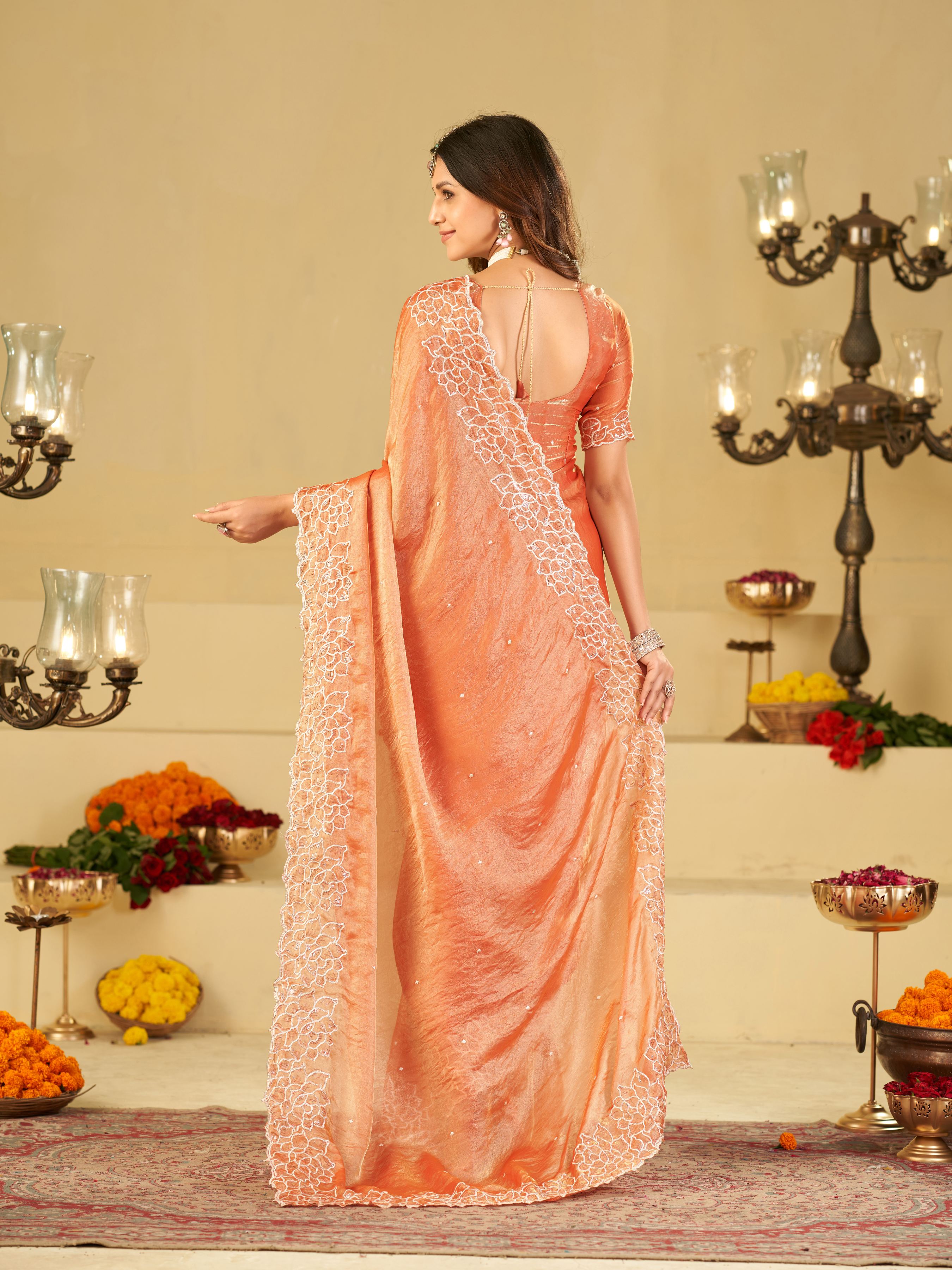 Peach Orange Fendy Satin Saree with White Floral Embroidery Border | Elegant Designer Festive Wear Saree with Blouse