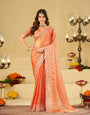 Peach Orange Fendy Satin Saree with White Floral Embroidery Border | Elegant Designer Festive Wear Saree with Blouse