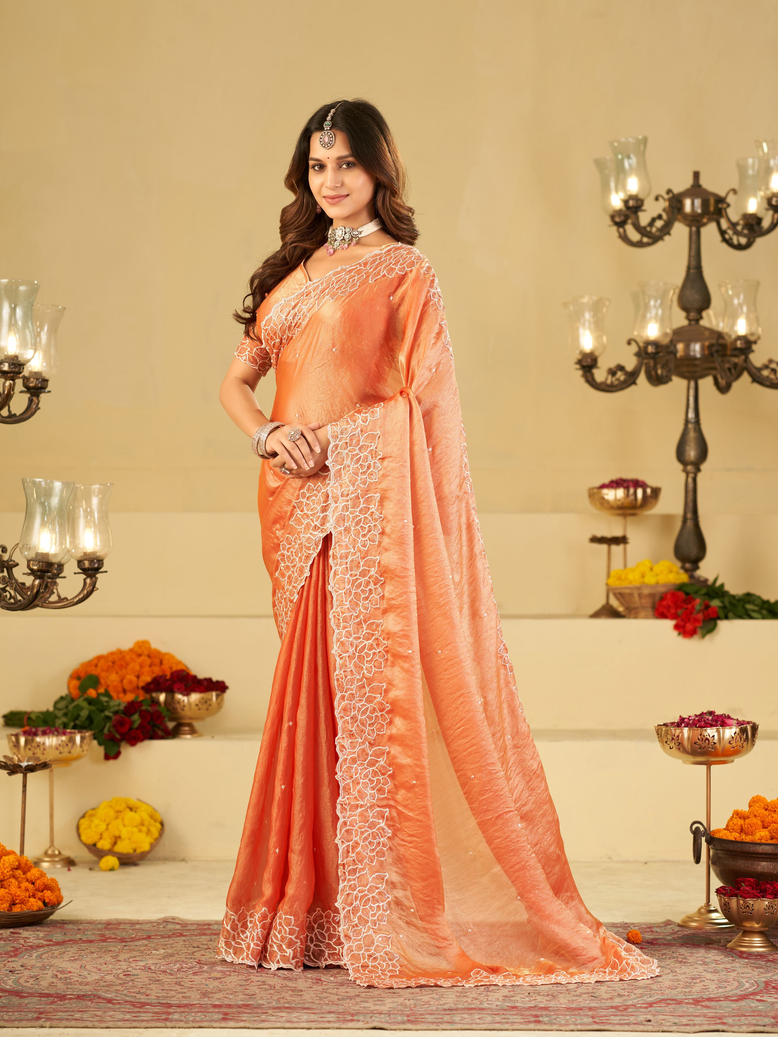 Peach Orange Fendy Satin Saree with White Floral Embroidery Border | Elegant Designer Festive Wear Saree with Blouse