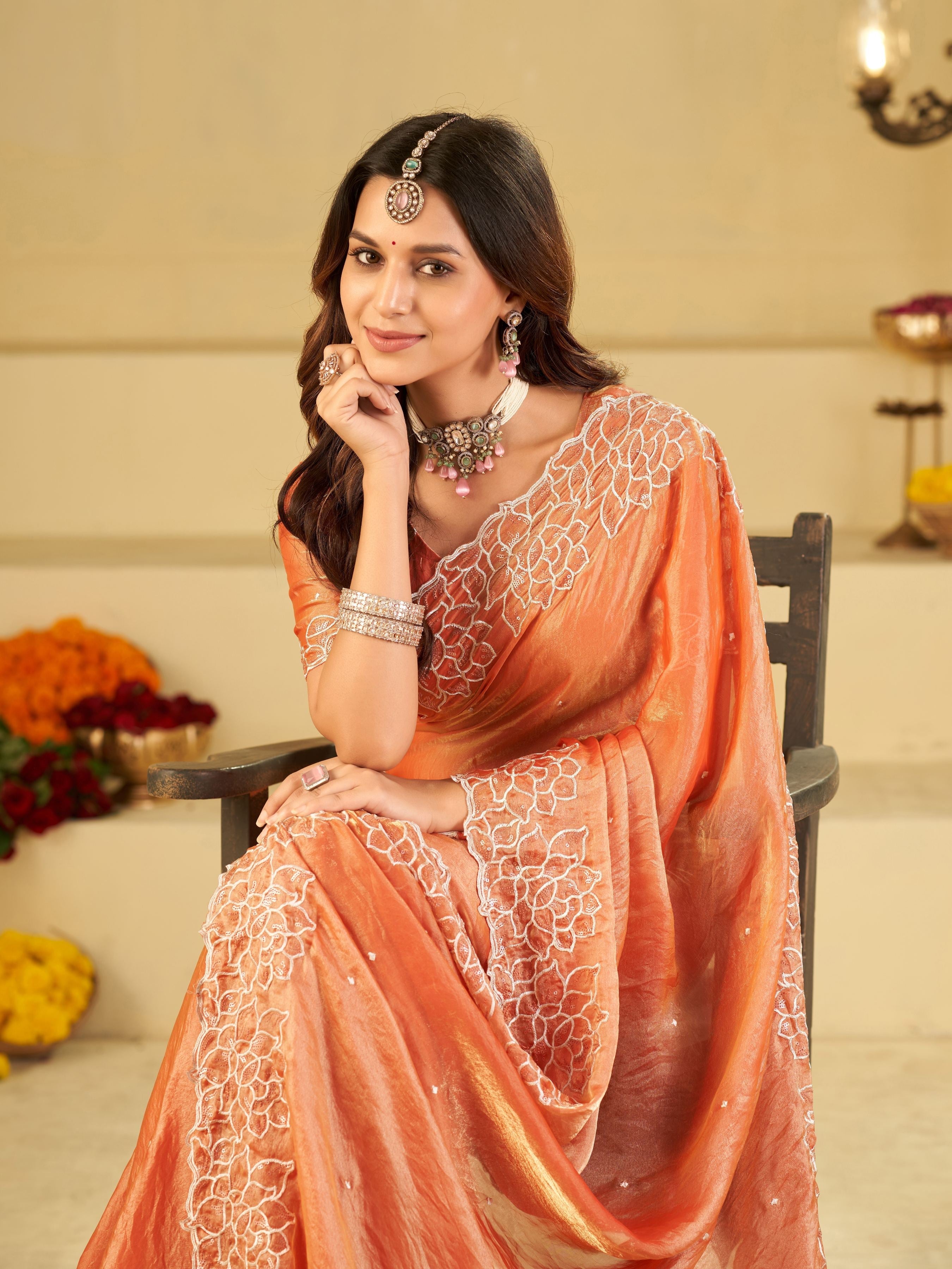Peach Orange Fendy Satin Saree with White Floral Embroidery Border | Elegant Designer Festive Wear Saree with Blouse