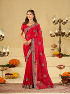 Rani Pink Designer Fendy Satin Saree with Heavy Embroidered Border | Festive Party Wear Saree with Floral Embroidery & Matching Blouse