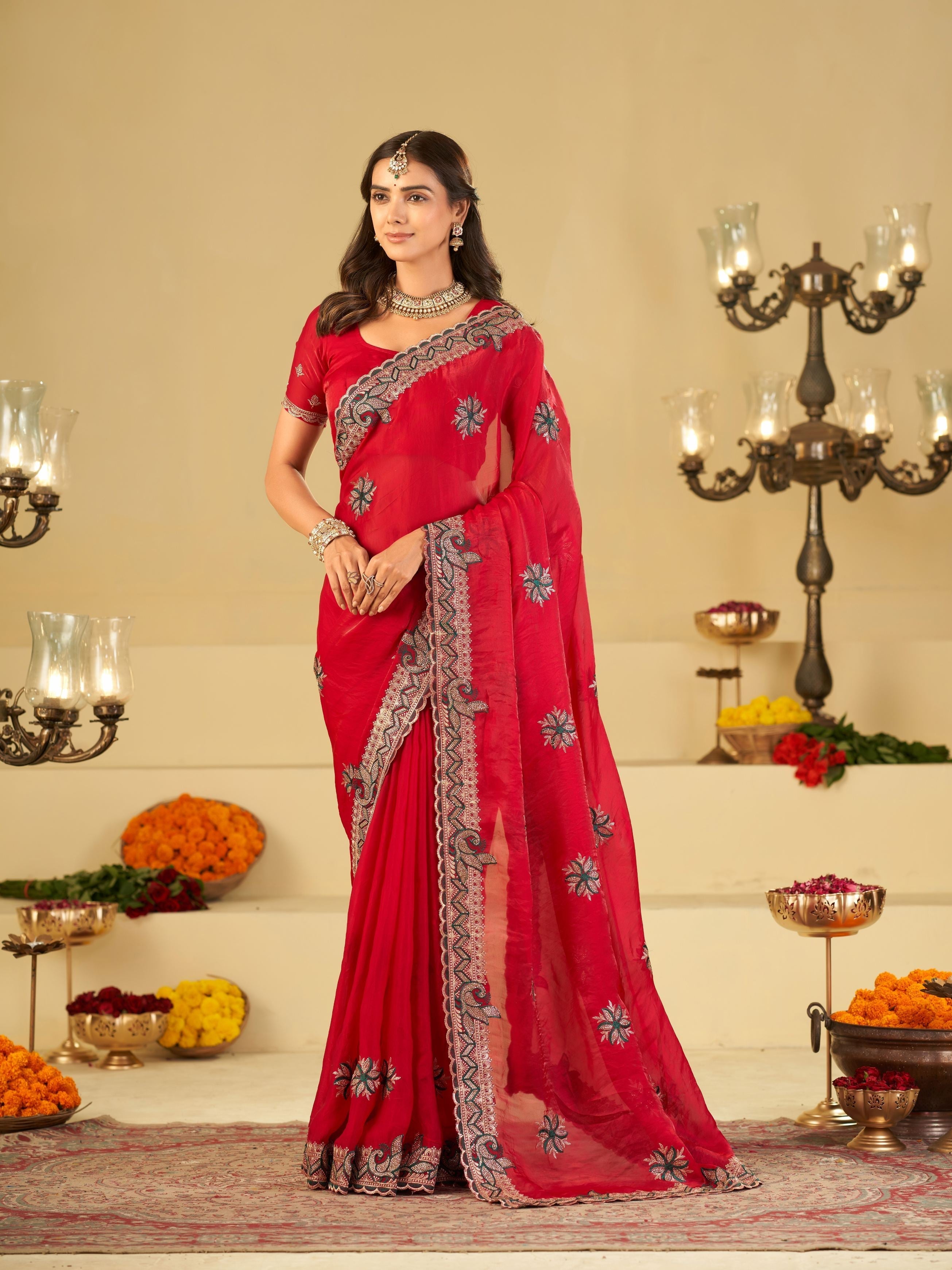 Rani Pink Designer Fendy Satin Saree with Heavy Embroidered Border | Festive Party Wear Saree with Floral Embroidery & Matching Blouse