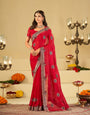 Rani Pink Designer Fendy Satin Saree with Heavy Embroidered Border | Festive Party Wear Saree with Floral Embroidery & Matching Blouse