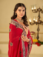 Rani Pink Designer Fendy Satin Saree with Heavy Embroidered Border | Festive Party Wear Saree with Floral Embroidery & Matching Blouse