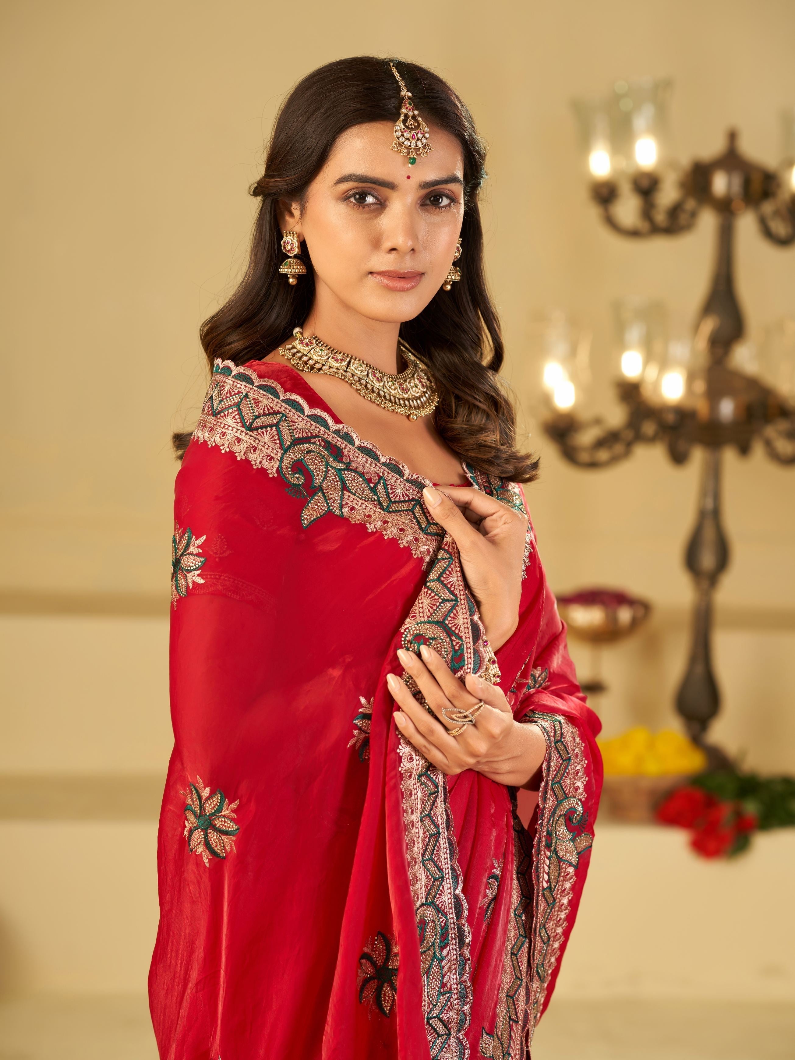 Rani Pink Designer Fendy Satin Saree with Heavy Embroidered Border | Festive Party Wear Saree with Floral Embroidery & Matching Blouse