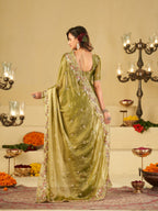 Olive Green Fendy Satin Saree with Multicolor Floral Embroidery Border | Designer Festive Party Wear Saree with Blouse