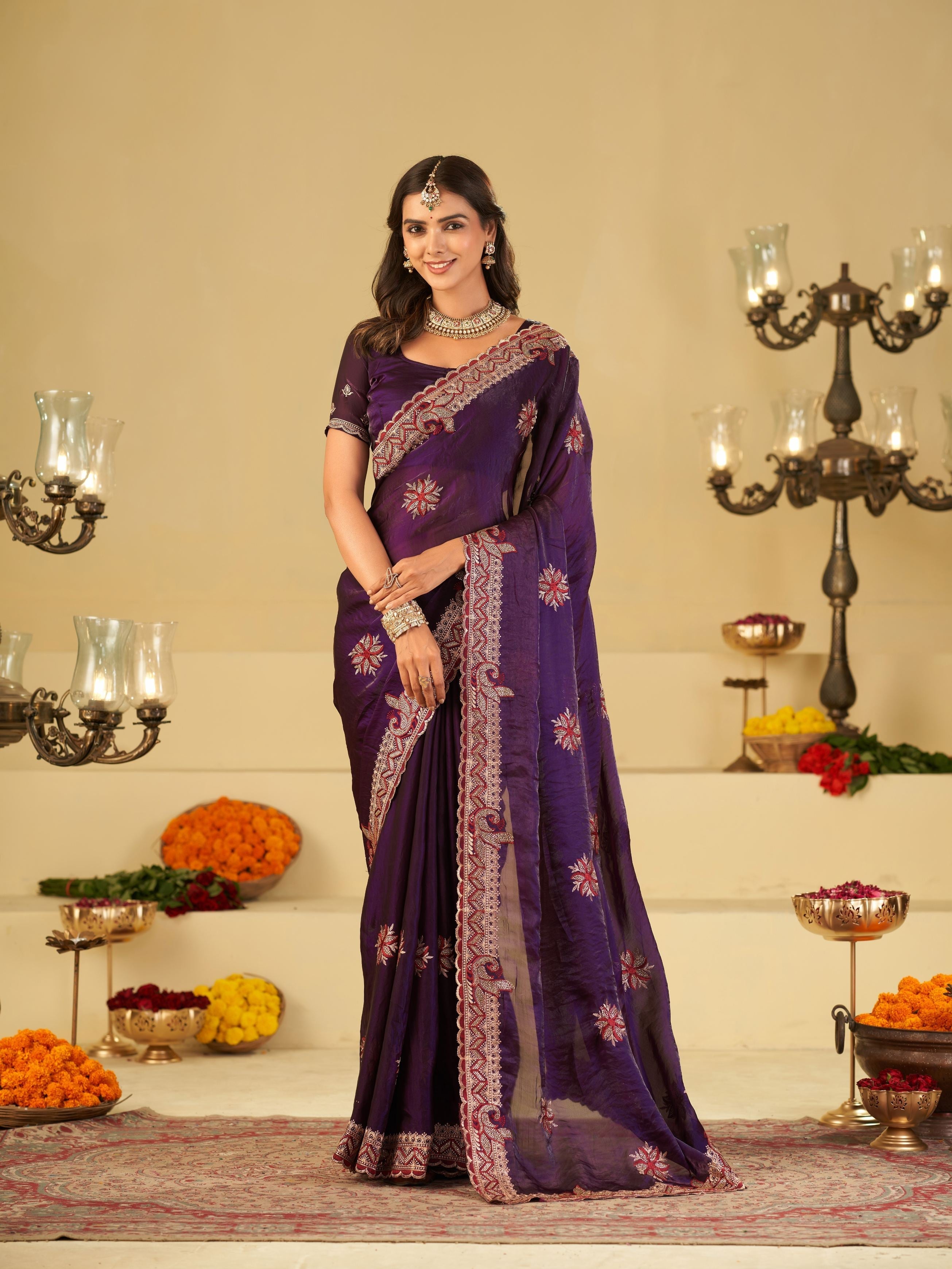 Royal Purple Designer Fendy Satin Saree with Floral Embroidery Work | Premium Wedding Party Wear Saree with Heavy Embroidered Border & Blouse