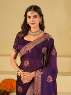 Royal Purple Designer Fendy Satin Saree with Floral Embroidery Work | Premium Wedding Party Wear Saree with Heavy Embroidered Border & Blouse