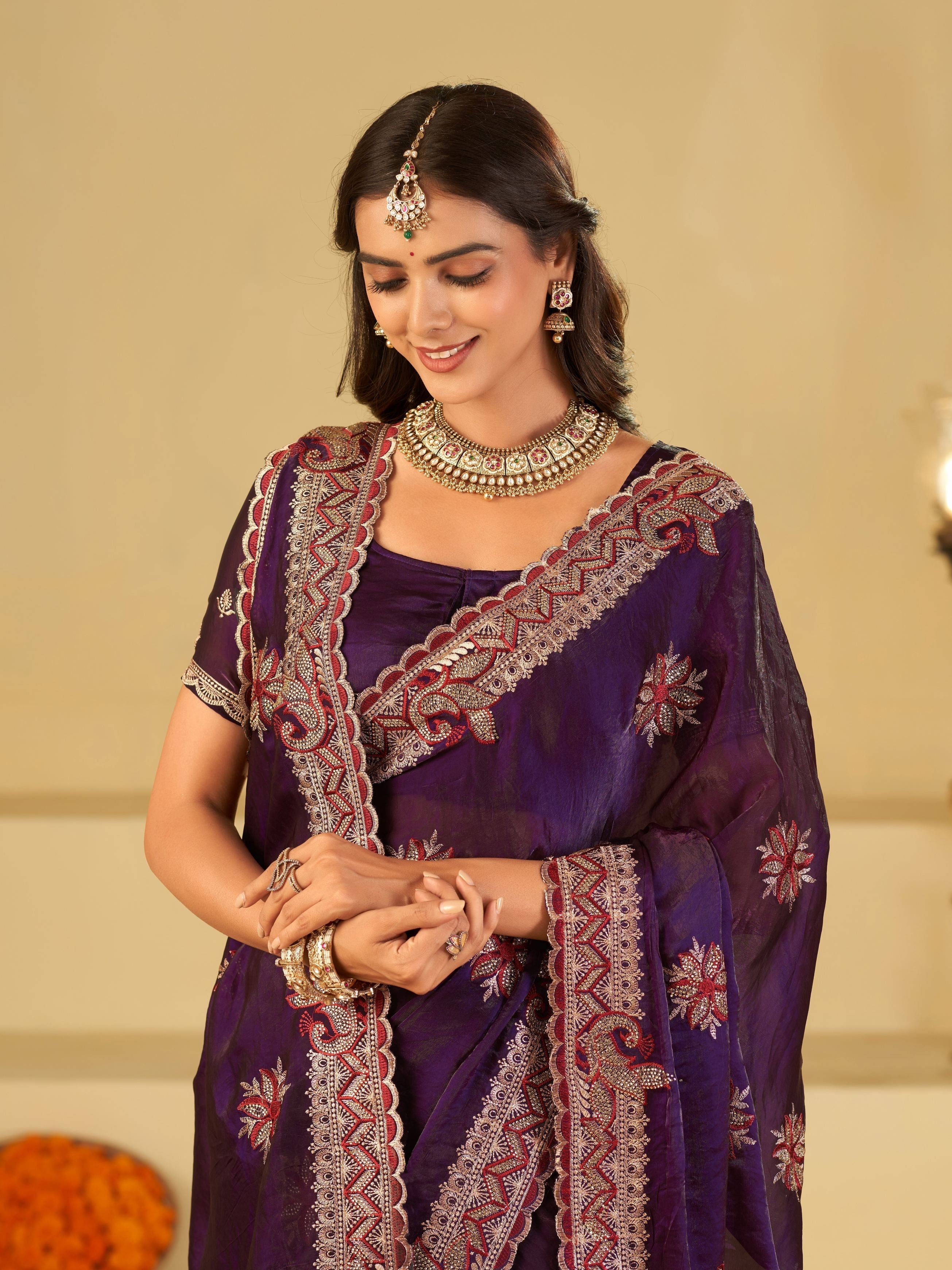 Royal Purple Designer Fendy Satin Saree with Floral Embroidery Work | Premium Wedding Party Wear Saree with Heavy Embroidered Border & Blouse
